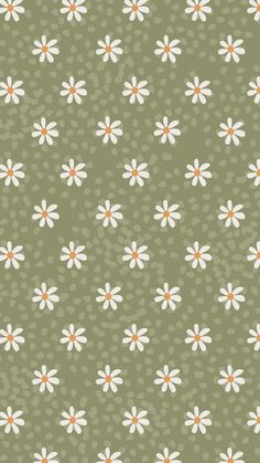 a green background with white and orange daisies on the bottom right corner, in an allover pattern