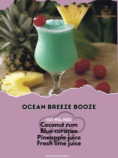 an advertisement for a tropical drink with pineapples and cherries on the side