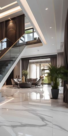 an elegant living room with marble floors and stairs