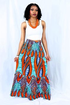 Women's long maxi skirt- 100% Cotton Akara African fabric. Item can be custom made, processing time 7 days. Contact the seller with sizes and measurements to have your's made. Fitted Cotton Maxi Dress, Fitted Maxi Dress With Lined Skirt, Maxi Skirt With Lined And Relaxed Fit, Relaxed Maxi Skirt With Lining, Ankara Maxi Skirt, Summer Full Length Lined Maxi Dress, Orange Maxi Skirt For Summer, African Print Skirt Maxi, Orange Flared Maxi Skirt With Lining