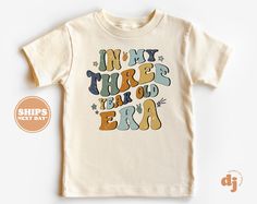 "3rd Birthday Toddler Shirt - In My Three Year Old Era Kids Birthday Shirt - Third Birthday Natural Toddler Tee #6398 All of the shirts and bodysuits at our shop are CPSIA compliant. We only use Eco-friendly, water-based inks that are also CPSIA compliant and boasts strong washability (highest score on AATCC wash test).  So rest assure to put them on your little ones!  ** COLOR OF T-SHIRTS WILL VARY SLIGHTLY DUE TO LIGHTING AND/OR MONITOR SETTINGS ** DETAILS OF BABY BODYSUITS & T-SHIRTS MAY VARY SLIGHTLY FROM PRODUCT PHOTOS BASED ON AVAILABLE INVENTORY HOW TO ORDER: Please follow these 5 simple steps: 1. Select the style and size you want in the \"Style (Size)\" option.  2. Select the shirt color you want in the \"Color\" option. 3. [APPLICABLE ONLY ON CERTAIN LISTINGS] Follow the instruct Kids Birthday Shirt, Kids Birthday Shirts, Third Birthday, Toddler Tees, Product Photos, Kids Tops