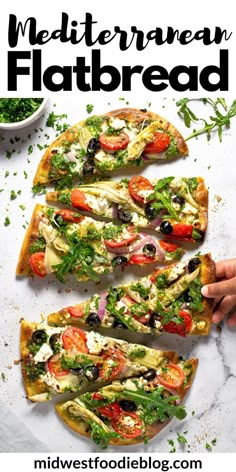 this mediterranean flatbread is loaded with fresh vegetables, olives and feta cheese