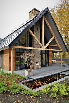 a house with a pond in front of it