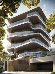 a tall building with many balconies on the top and bottom floors, surrounded by trees