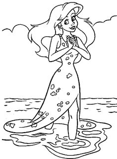 the little mermaid is standing in the water with her hand on her heart shaped necklace