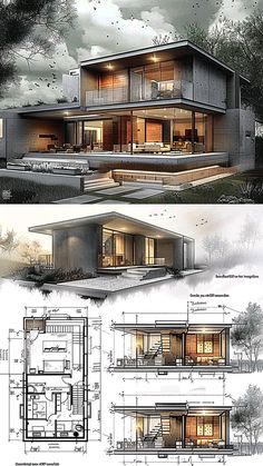 two different views of a modern house with lots of windows and balconies on the second floor