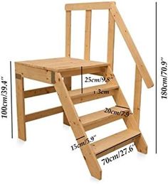 a wooden step stool with measurements for the steps up to it's bottom level