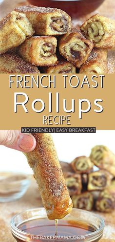 the french toast rolls are ready to be eaten and served with dipping sauce on top