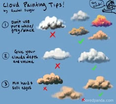 clouds are shown with different colors and shapes in the sky, including one that says cloud painting tips don't use grey / black