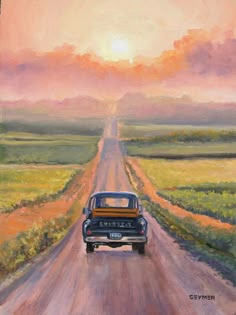 an oil painting of a truck driving down a country road with the sun setting in the distance