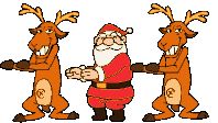 three reindeers are standing next to each other and one is pointing at the camera