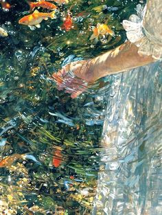 a painting of a woman standing next to a pond filled with water and goldfish