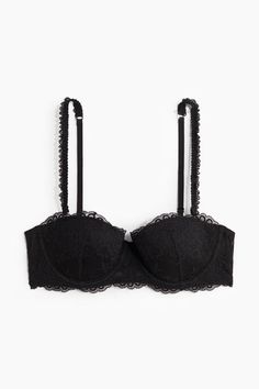 Balconette bra in lace with detachable  adjustable shoulder straps. Padded underwire cups for lifting and shaping  boning in sides  and a wide strap at back with hook-and-eye fasteners. Lace Balconette, Cute Bras, Balcony Bra, Black Lace Bra, Balconette Bra, Lace Corset, Black Bra, College Life, Bra Set