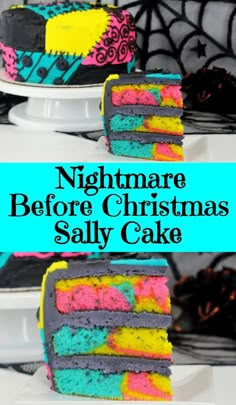 two pieces of cake sitting on top of each other with the words nightmares before christmas sally cake