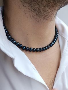 Mens black pearl necklace, Real pearl beaded y2k choker,Hematite gemstone necklace, Boyfriend gift ideas, Black pearl necklace men by JewelryByElis on Etsy Single Pearl