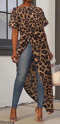 Leopard Print Coat, Asymmetrical Blouse, Leopard Fashion, Grey Leopard Print, High Low Top, Casual Shirt Women, Trendy Fashion Tops, Print Coat, Looks Chic