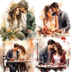 watercolor paintings of two people sitting at a table with flowers and candles in front of them