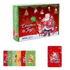 christmas toys with santa claus and reindeers on them, all in different colors from green to red