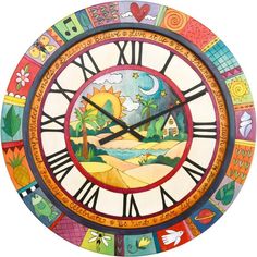 a colorful clock with many different designs on it