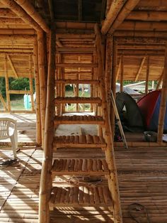 there is a ladder made out of bamboo sticks