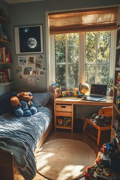 a child's bedroom with a bed, desk and window in the corner that has lots of toys on it