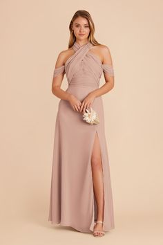 a bridesmaid in a long dress with an asymmetric slit