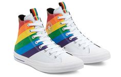 Converse Chuck Taylor All Star High 'Pride - White' is part of the brand's 2020 Pride Collection. This sneaker is built with canvas and celebrates diversity with the colors of the More Color More Pride flag. The tongue pull-loop and vulcanized midsole boast a similar finish, while the rubber outsole houses a more traditional rainbow. Whether you're attending a pride parade or simply showing your support, this sneaker is the perfect way to do it. Art Mom Aesthetic, David Bailey, Rainbow Shoes, Pride Collection, Pride Parade, Catherine Deneuve, Black Gums, Pride Flag