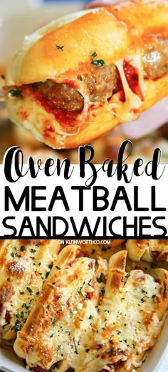 an oven baked meatball sandwich is shown in this collage with the words oven baked meatball sandwiches