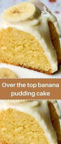 two slices of banana pudding cake with white icing