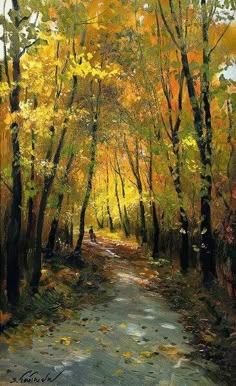 an oil painting of a path in the woods with trees and leaves all around it