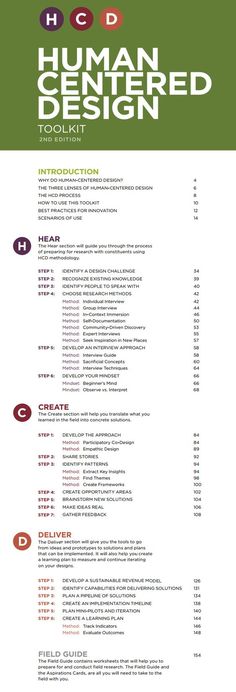 a menu with the words human - centered design in red, white and green colors