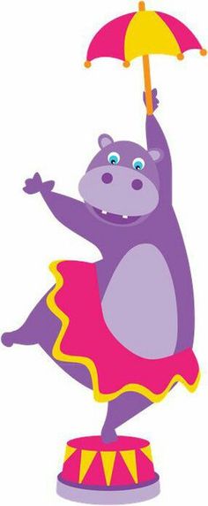 a cartoon hippo holding an umbrella in the air with its arms up and legs spread wide