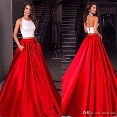 2019 Hot Prom Dress A-line Two Pieces White and Red 2 Pieces Satin Long Prom Dresses Party Dress Cheap,304 on Storenvy Bal Dresses, Regal Clothes, Dresses Cinderella, Halter Party Dress, Blush Prom Dress, Hot Prom Dress, Evening Dress Long, White Prom, Cheap Party Dresses