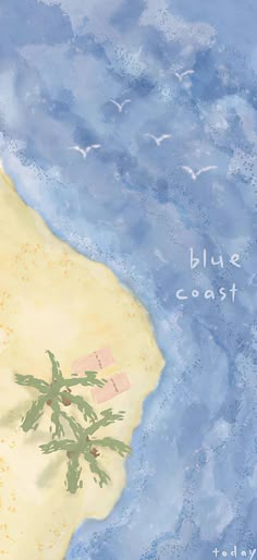 a painting of a tree on the beach with words blue coast written in white above it