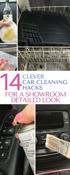 the steps to cleaning a dishwasher are shown in this collage with text overlay