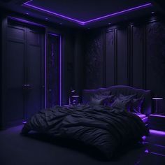 a bed in a dark room with purple lighting