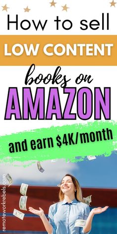 a woman with money in her hands and the words how to sell low content books on amazon