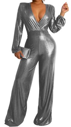 PRICES MAY VARY. Material: Women Casual Solid Jumpsuits is made of 95% polyester fabric, and 5% spandex is added to make the Jumpsuit more elastic. Soft, comfortable, light, breathable, loose and fashionable jumpsuits and rompers. Imported FABRIC: very soft and comfortable to wear. Fashion Sexy Deep V Neck Long Sleeve Long Wide Leg Pant to match with a high heel for a charming look, decent material and elegant V neck design, it is great for casual or party, work Zipper closure Hand Wash Only des Adrianna Papell Metallic Jumpsuit, Formal Romper Long Plus Size, Fashionable Jumpsuits, Silver Jumpsuit, Silver Jumpsuits, Wide Leg Pants Plus Size, Sparkly Jumpsuit, Wide Leg Pant Suit, Party Rompers