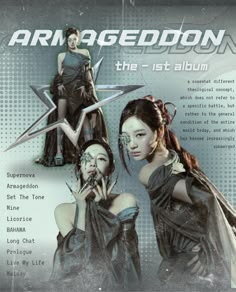 an advertisement for armagedon the 1st album with two women in black dresses holding scissors