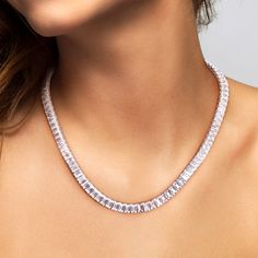 Enchanting style elevates this lab created baguette shaped white sapphire necklace. Featuring 105 entrancing lab created white sapphires in substantial presentation, this accessory makes moments glamorous in sterling silver. | Lab Created Baguette-Shaped White Sapphire Necklace | Sterling Silver | Size 18" | Helzberg Diamonds White Sapphire Necklace, Baguette Necklace, Silver Lab, Helzberg Diamonds, Stone Jewellery, Matching Wedding Bands, Baguette Cut Diamond, Emerald Stone, Sapphire Necklace