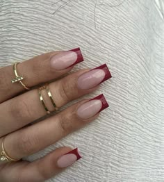 Classy Nails Long Coffin, Square Acrylic Nails Red French Tips, Red Nail Square Designs, Burgundy Nail French Tip, Red French Nails Coffin, Red Nails Square Design, Red Acrylic Nails Designs Square, Red Square Tip Nails, Square Red Nails Design