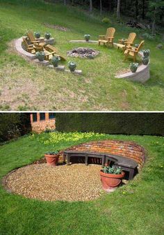 an outdoor fire pit in the middle of a yard with chairs and plants around it