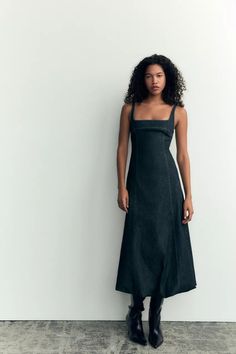 DENIM BALLOON DRESS TRF - Dark indigo | ZARA United States Chic Fitted Square Neck Denim Dress, Chic Fitted Denim Dress With Square Neck, Chic Denim Dress With Square Neck, Square Neck Denim Dress, Spring Square Neck Denim Dress, Chic Square Neck Denim Dress For Spring, Spring Denim Dress With Square Neck, Square Neck Lined Midi Dress, Casual Fitted Slip Dress With Square Neck