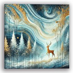 a painting of a deer in the woods with stars and swirls on it's back