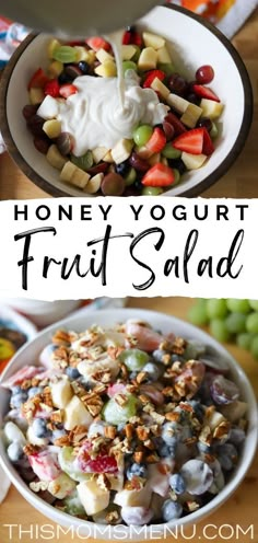 fruit salad with yogurt and nuts in a bowl