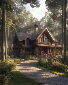 a large house in the woods surrounded by trees