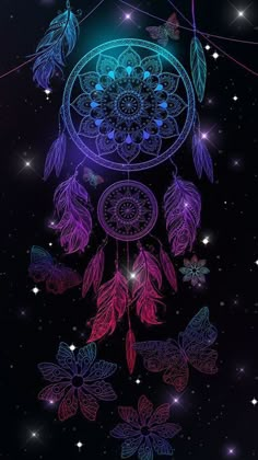 a drawing of a dream catcher on a dark background with stars and butterflies in the sky