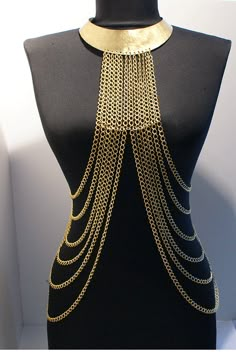 christmas gifts body chain necklace gold body chain by BeyhanAkman, $90.00 Black Mannequin, Body Chain Necklace, Body Necklace Chain, Body Chain Harness, Chain Harness, Gold Body Chain, Afrikaanse Mode, Trendy Jewerly