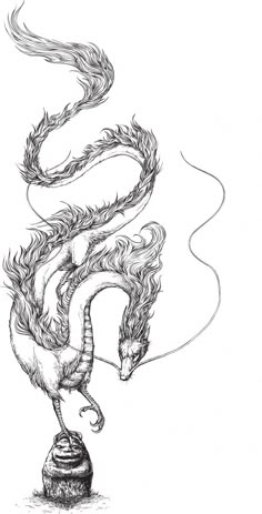 a black and white drawing of a dragon on top of a stone pillar with its tail curled