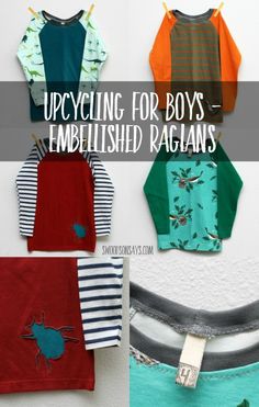 four different shirts with the words upcyling for boys embellished raglans